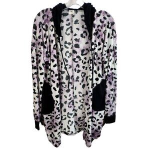 Sew In Love Womens Hooded Cardigan Small Black White Animal Print Open BOHO
